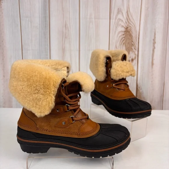 CROCS Allcast Luxe II Boots Waterproof Shearling Mid Calf Snow Boots Brown Sz 8 - Picture 2 of 16